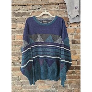 Vintage Impact Sweater Mens XL Blue Geometric Knit Leather Trim Pullover 80s 90s